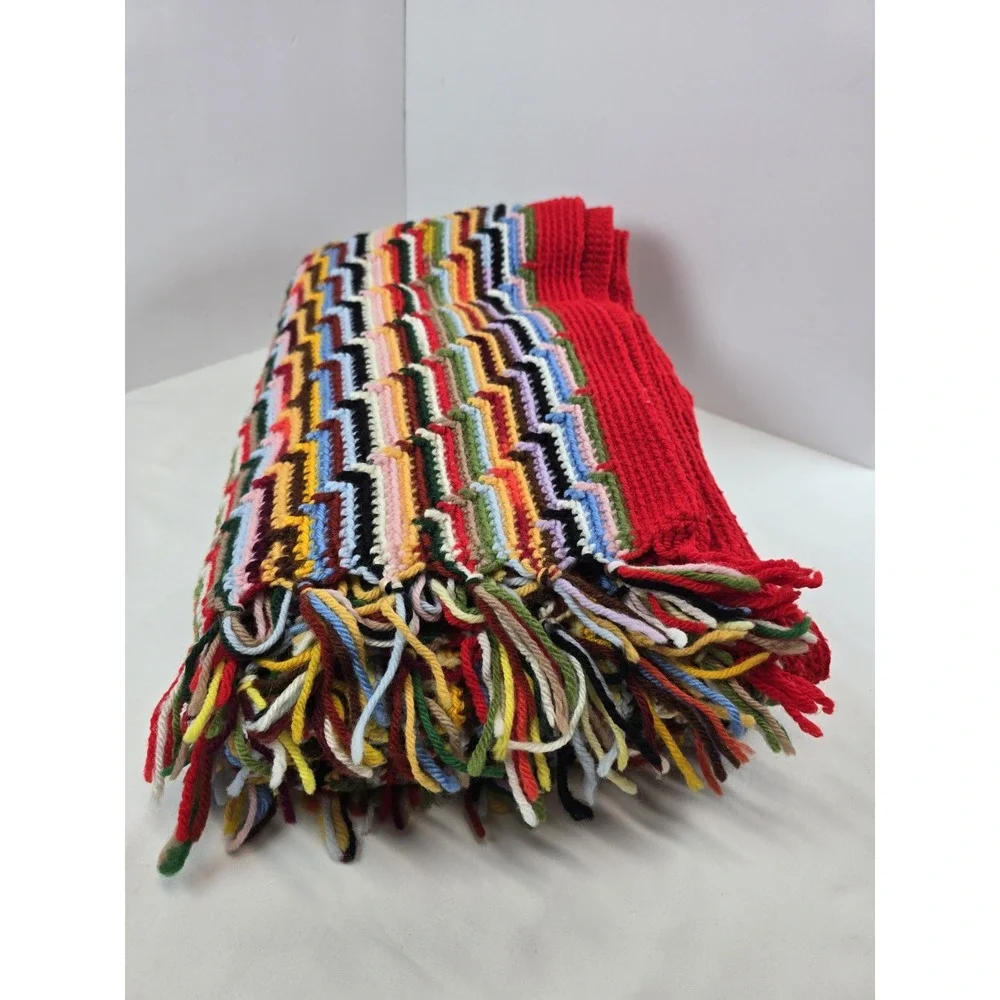 Vintage Handmade Crochet Afghan Blanket Multicolor Striped Fringe 66x48 Retro